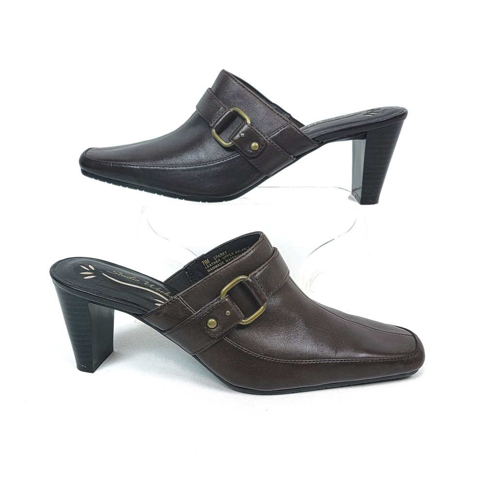Studio Works Sparky Brown Leather Square‎ Toe Buckle Mule Heels Womens 7.5M
